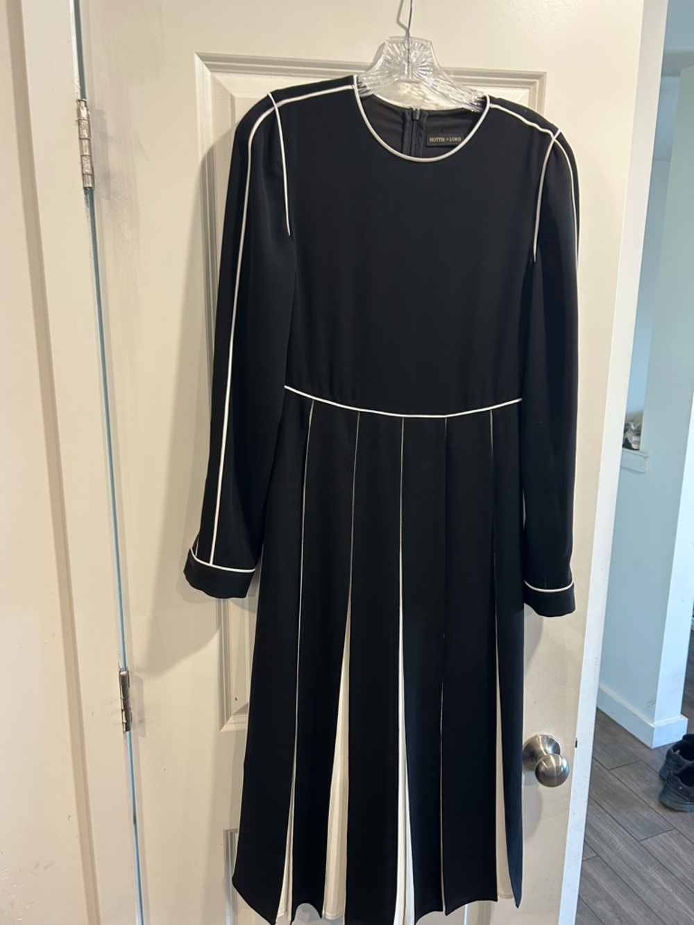 Modest Black Long-Sleeve Dress with White Piping — Elegant Pleated Midi